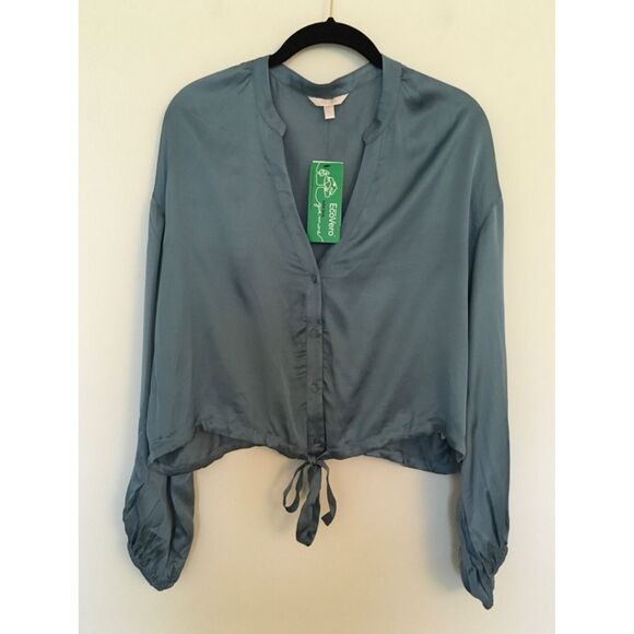 Guess Tops - GUESS Womens Long Sleeve Sasha Top Button Up Blouse Sz L Cyclone Blue Tie $89